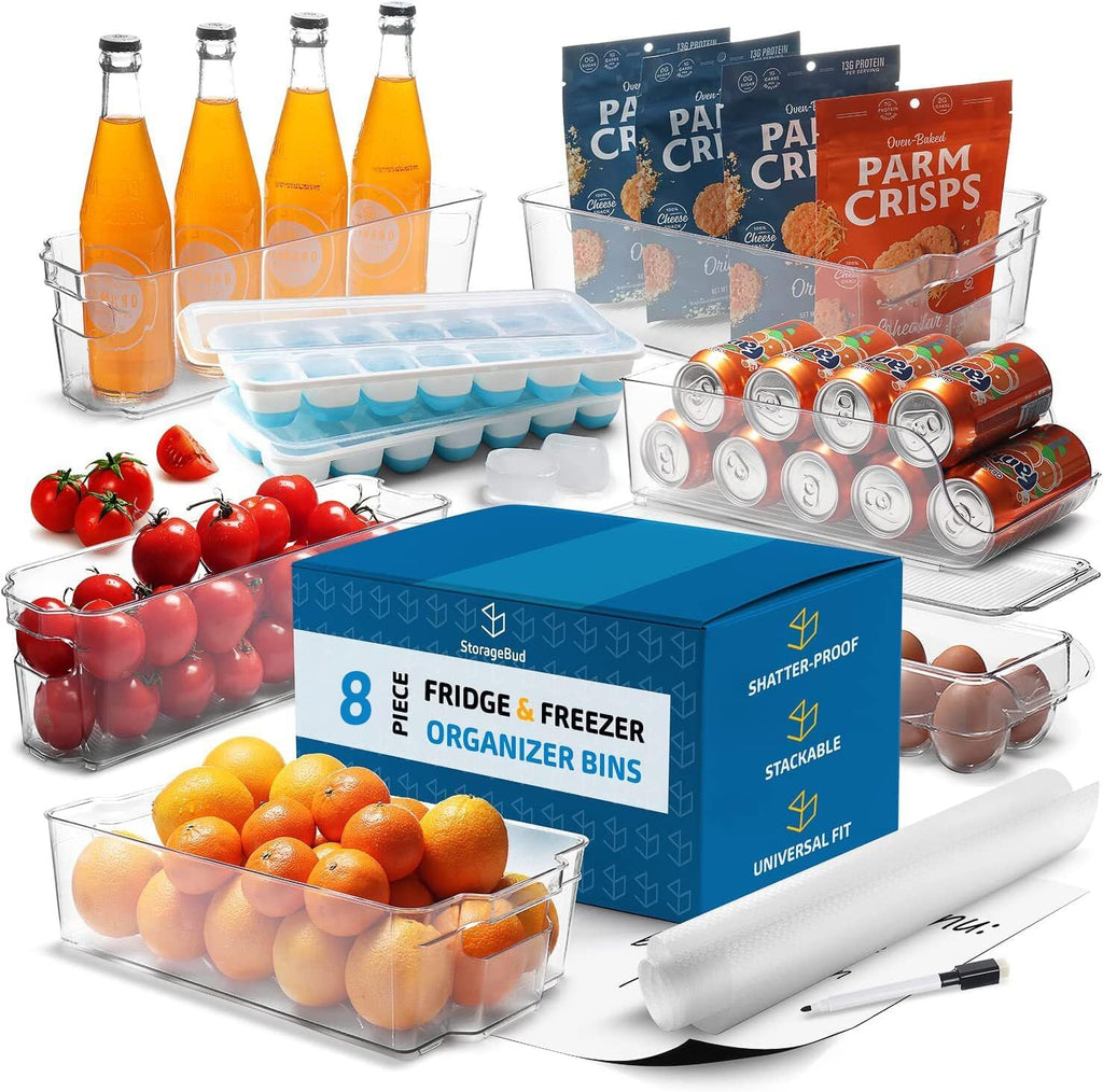 Caddy Organizer — 8-Piece Stackable Fridge & Freezer Set | Clear Acrylic Bins