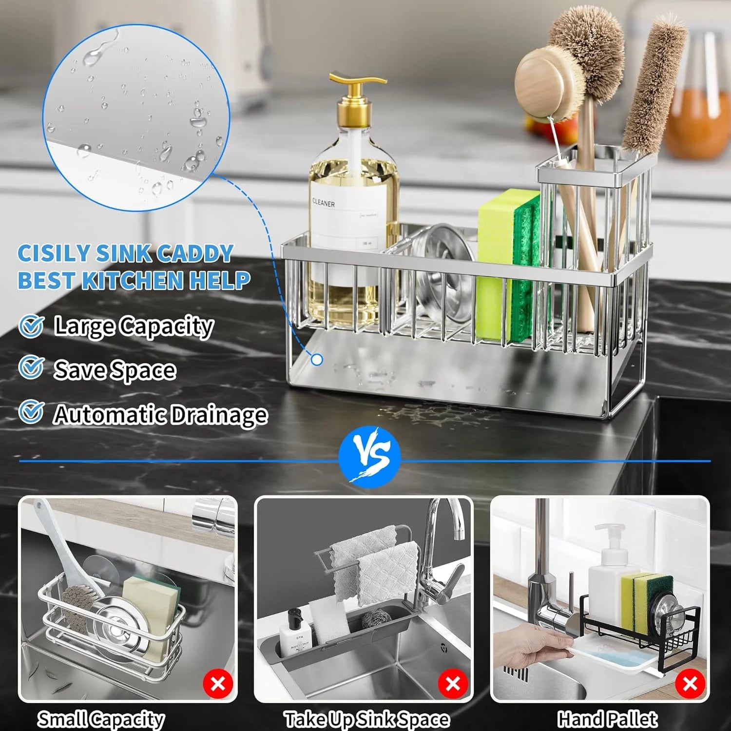 Stainless Steel Sink Caddy Kitchen Organizer, Waterproof and Rustproof, Silver, 1 Count